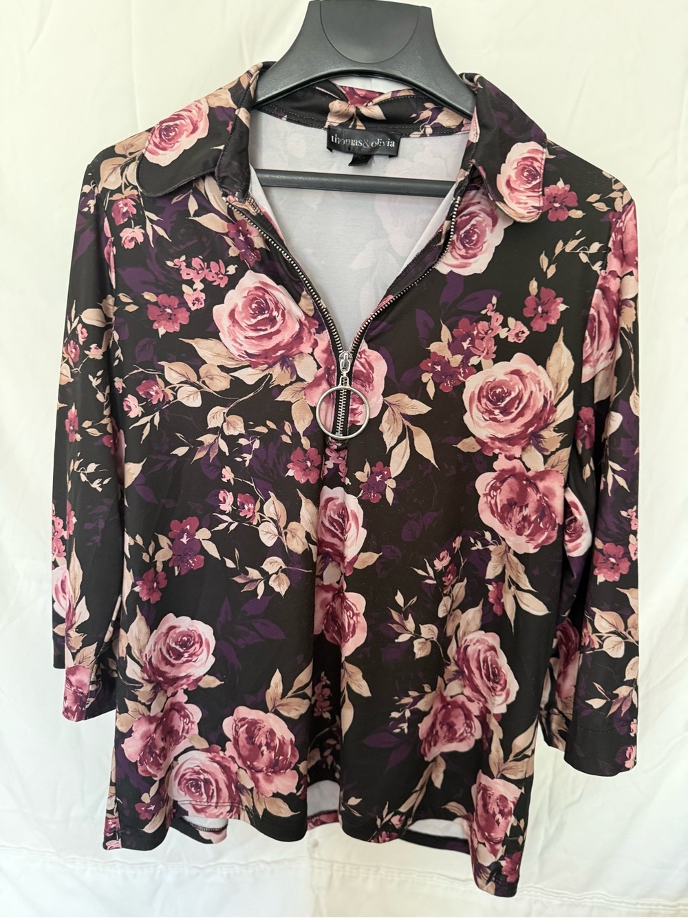 Floral Zip-Front Polo Top in Black and Pink - Three-Quarter Sleeve